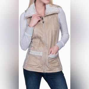 KUHL Dani Sherpa Vest Jacket Coat Almond Tan Brown Beige Faux Leather Wool Sides